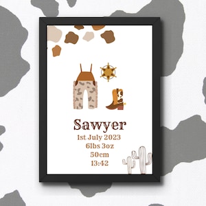 PERSONALISED New Baby Print, Birth Print, Baby Gift, Birth Details, Birth Stats, Nursery Decor, Western, Cowboy, Boy, Wild West, Keepsake A3