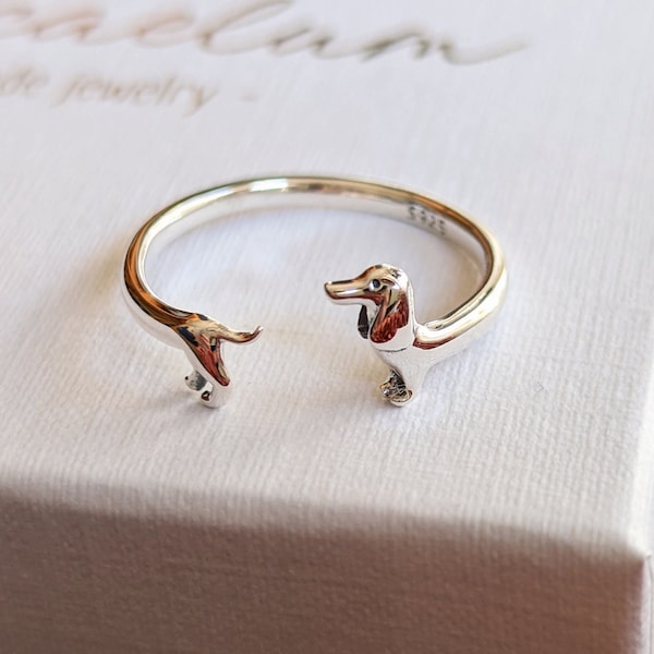 nox caelum | Sterling Silber süßer Dackel Hund Ring, 925 Ring, verstellbarer Ring, Stapelring, Minimalistischer Ring, Geschenk für sie