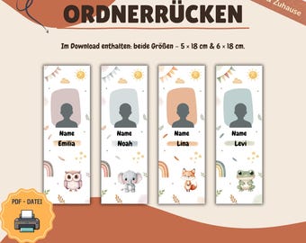 Ordnerrücken für Kita & Zuhause, Portfolio Ordner Etiketten, Aquarell Tiere, Sofortdownload, Beschriftung für Kindergarten und Schule
