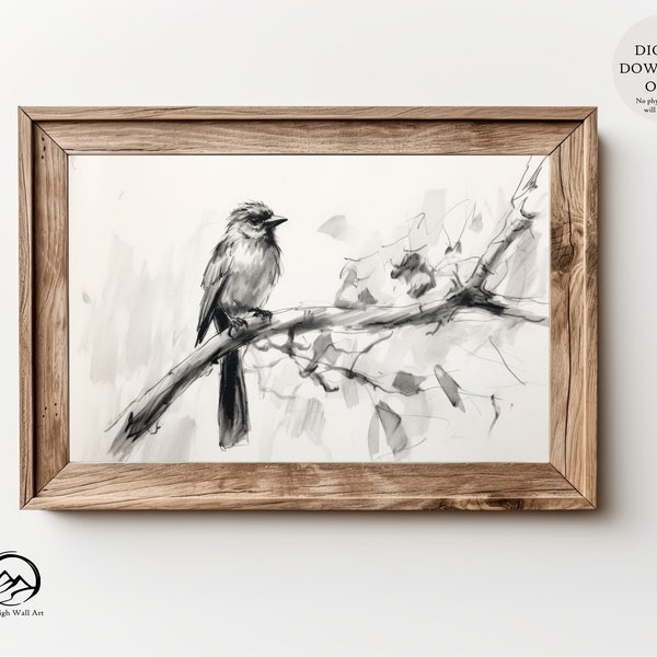 Perched Bird Sketch Art | Pen and Charcoal Drawing | Tranquil Nature Scene | Wildlife Branch Illustration | Delicate Avian Portrait