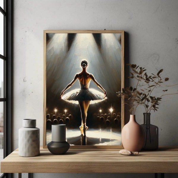 Ballet Dancer on Stage Art Print - Graceful Ballerina in Spotlight, Elegant Dance Performance Wall Decor, Reflective Tutu, Ballet Lover Gift