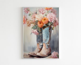 Western Cowboy Boots Floral Art Print, Rustic Home Decor, Farmhouse Wall Art, Shabby Chic Flower Painting, Country Style Decor - Funky wall