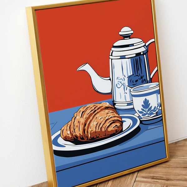 Vintage Coffee Pot & Fresh Croissant Art Print - Bold Color Pop Kitchen Decor - Unique Wall Hanging for Breakfast Nook or Cafe