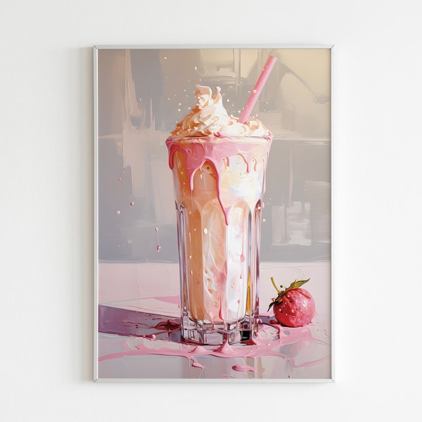 Strawberry Delight Milkshake Art Print, Kitchen Wall Decor, Dripping Creamy Beverage Illustration, Pastel Cafe Artwork, Unique Foodie Gift
