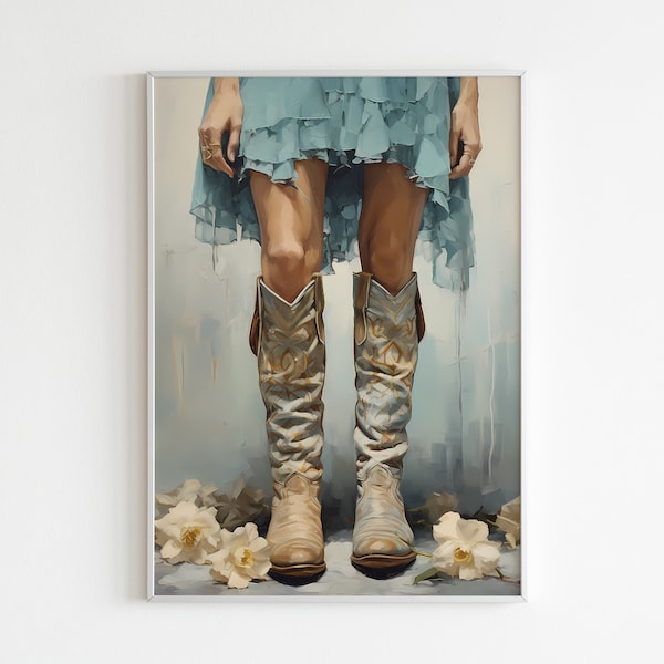 Western Cowgirl Boots & Blue Dress Canvas Art | Rustic Wall Decor | Vintage Floral Background for Home, Office or Farmhouse Aesthetics