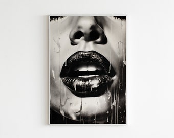 Monochrome Funky Wall Lips Art Print - Dramatic Drippy Face Close-Up - Modern Noir Home Décor - Unique Black and White Wall Piece - Woman