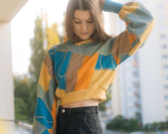Patchwork Crop Hoodie, Upcycled Zero Waste Fashion (XS-S)