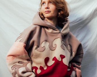 Oversized Patchwork Hoodie, Upcycled Scraps Cotton, Raw Edges, XS/M