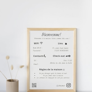 Modèles de panneau de bienvenue Airbnb à personnaliser et à imprimer: arrivée et départ voyageurs, choses à savoir, contacts, règles, Wifi