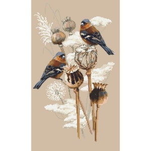 May include: Three brown and blue birds perched on dried poppy seed pods with white feathery stems against a beige background.