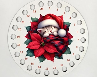 Porta filo - Gattino di Natale, Porta filo in legno per 24 colori, Porta filo per punto croce, Porta filo per ricamo, CORICAMO