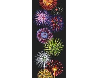 May include: A vertical arrangement of colorful fireworks exploding against a black background. The fireworks are in various shades of red, orange, yellow, green, blue, and purple.