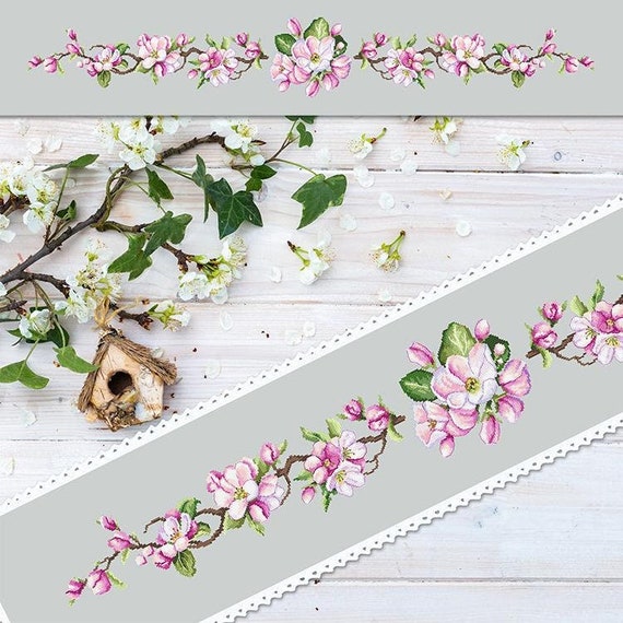 DIY craft kit, cross stitch set, counted kit, CORICAMO, Cross stitch kit - Long table runner with apple blossoms