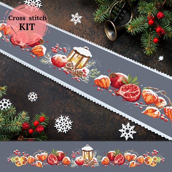 Cross stitch kit, long table runner, counted embroidery set, Christmas pattern, DIY craft kit, kreuzstich, embroidered table decor
