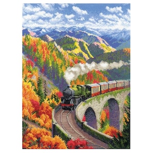 Cross Stitch Craft Kit Autumn Express, counted embroidery kit with yarn,  DIY Cross Stitch Set, Modern Craft for Adults, Riolis, Home decor