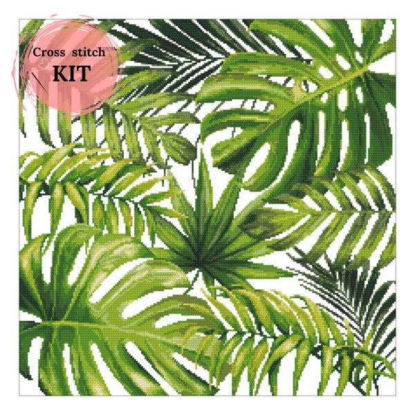 Kit de point de croix compté - Feuilles vertes et fleurs exotiques | Décoration d'intérieur bricolage | Motif floral | Kit de broderie artisanale | Coricamo