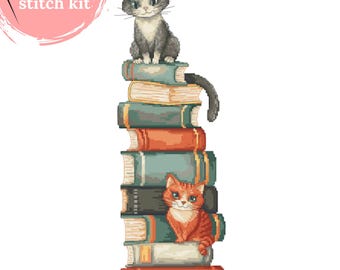 Cross Stitch Kit - Cats on Books, Embroidery Kit for Book Lovers, DIY Needlepoint Kit, Modern Cat Cross Stitch Pattern, Coricamo Embroidery
