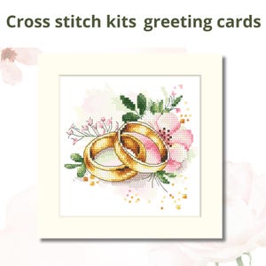 Kit de point de croix pour carte de mariage, carte de mariage brodée à faire soi-même avec anneaux et fleurs, cadeau de mariage fait main, point de croix compté, CORICAMO