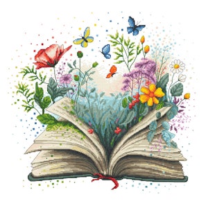 May include: An open book with colourful flowers and butterflies emerging from the pages. The book is on a white background.