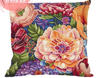 Cross Stitch Kit - Cushion with Summer Flowers, DIY Embroidery Pillow Kit 14ct Aida, Handmade Floral Pillow, Coricamo Needlepoint Kit