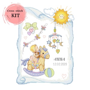 Borduurpakket doe-het-zelf borduurset, CORICAMO patroon geboorteakte baby, CORICAMO, geboorteakte geteld baby, woondecoratie