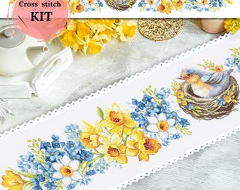Korsstygnskit – Lång löpare med vårmotiv, Blombroderikit, DIY-broderad bordsdekoration, CORICAMO, Räknekorsstygnskit