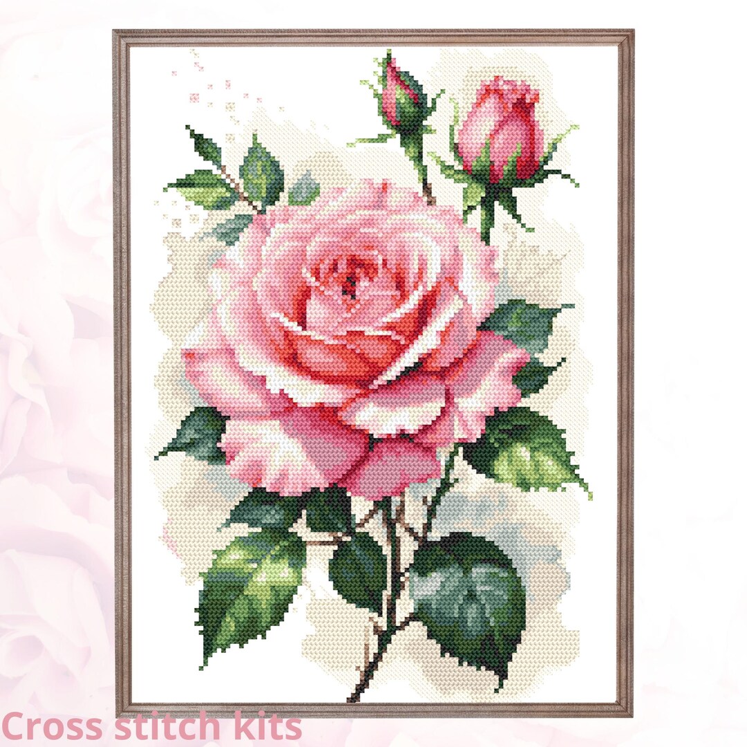 Cross Stitch Kit Pink Rose, DIY Embroidery Counted Set for Crafting ...