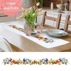 Cross Stitch Table Runner Kit – Pansies, Floral Embroidery, DIY Table Decor with Lace, CORICAMO, DIY Home decor, Counted Cross Stitch Kit