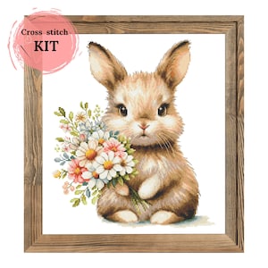 Cross Stitch Kit – Bunny with Flowers, Cute Rabbit Embroidery Kit, Spring DIY Needlework, 14ct Aida, CORICAMO, Counted Cross Stitch Kit