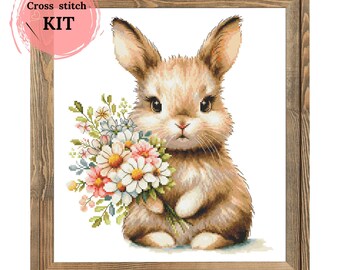 Kit de broderie au point de croix Lapin et fleurs, broderie lapin mignonne à faire soi-même, broderie printanière, toile Aïda 14 ct, décoration de chambre d'enfant, Coricamo