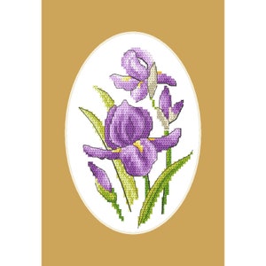 Könnte beinhalten: Kreuzstichmuster mit lila Irisblüten mit grünen Blättern und Knospen, gesetzt in einem ovalen Rahmen. Die Blumen haben detaillierte Stiche mit gelben Akzenten. Der Hintergrund ist goldfarben.