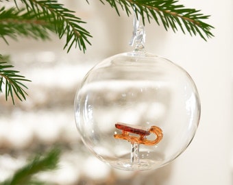 Clear Glass Ball Ornament with Sledge inside | Exclusive Handmade Christmas Tree Decor | Blown Glass