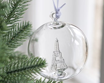 Clear Glass Ball Ornament with Eiffel Tower inside | Exclusive Handmade Christmas Tree Decor