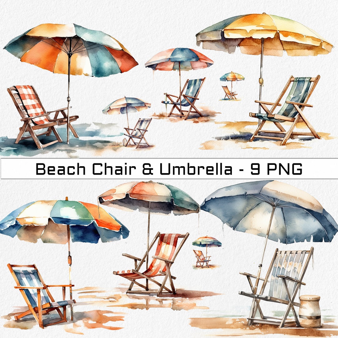 Watercolor Beach Chair & Umbrella Clip Art Serene Seaside Etsy