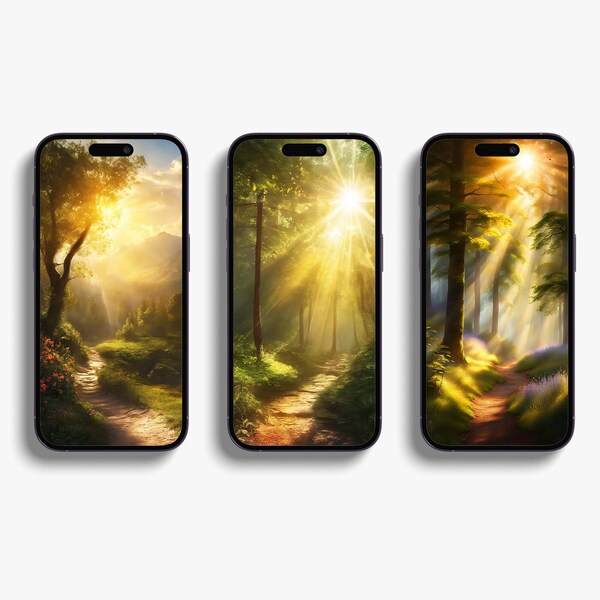 Where Sunbeams Dance: Forest's Embrace Set of 3 wallpaper design| Handset screen art background | Portable display picture for cellphone