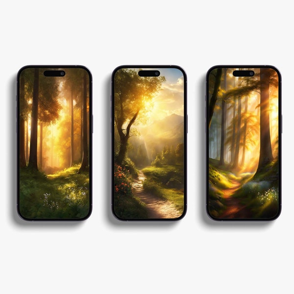 Golden Canopy Forest Sunlight Bliss | set of 3 wallpaper for mobile phone | Portable display picture | Handset screen art | screen art