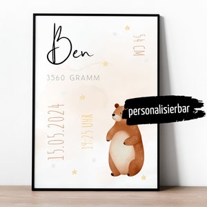 Personalisiertes Geburtsposter Baby Geburtsdaten Bär | DIN A3 A4 A5 | Wandposter | Kinderzimmer | Babygeschenke personalisiert