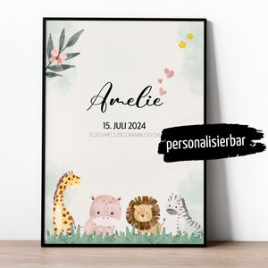 Personalisiertes Geburtsposter Baby Geburtsdaten Safari | DIN A3 A4 A5 | Wandposter | Kinderzimmer | Babygeschenke personalisiert