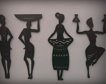 African Women Wood Wall Decor: Laser Cut MDF Art, Set of 4