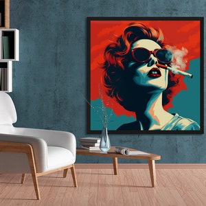 Funny Pop art Wall home decoration poster, print on canvas, Digital Art, Surreal Art Deco woman with cigarette AI