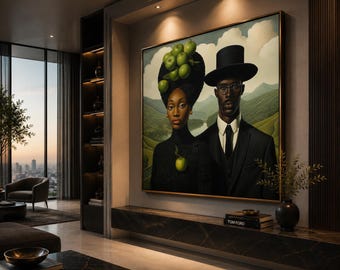 Surrealist African Art Print: Black Couple with Green Apples AI