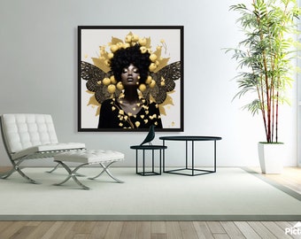 May include: A woman with dark skin and short, curly black hair is surrounded by gold leaves and butterflies. She is wearing a black dress and has a serene expression.