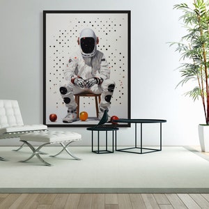 Pop art decoration picture, print on canvas, Digital Art, Astronaut helmet with apples and scattered dots AI