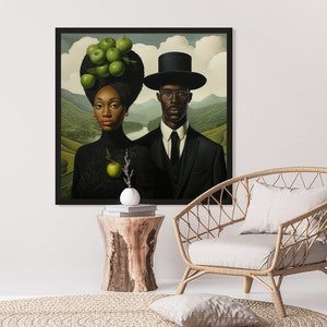 Home decoration print on canvas, Surrealism black African man and woman wearing a suit,Digital modern wall art bedroom decor,green apples AI