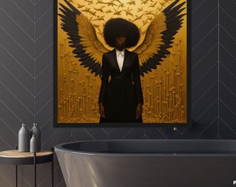 May include: A framed painting of a woman with black wings and a black suit standing in front of a gold background with small gold flowers. The woman has an afro and is looking directly at the viewer.