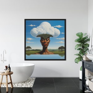 Puede incluir: Una pintura de una mujer con una nube sobre su cabeza. La nube tiene forma de árbol y la mujer mira al espectador. El fondo es un cielo azul con nubes blancas.