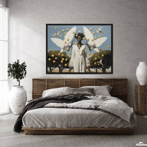Wall art Living room decoration poster, print on canvas, Digital Art, Surrealism art black African woman with birds and trees AI