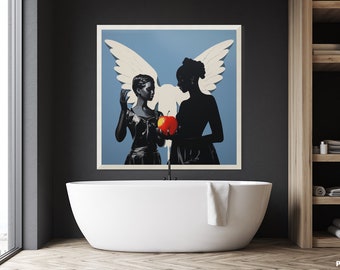 May include: A framed painting depicting two women, one in silhouette and one in white, with wings. They are holding a red apple. The background is a light blue colour.