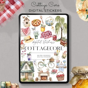 May include: Digital stickers featuring cottagecore illustrations. The stickers include a variety of images, such as a house, a bicycle, a fireplace, a jar of honey, a gnome, a book stack, a pie, a birdhouse, a picnic basket, and a wreath. The stickers are perfect for adding a touch of whimsy to your planner, journal, or scrapbook.