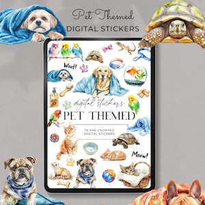 Może przedstawiać: Zestaw naklejek cyfrowych zawierający 70 wstępnie przyciętych obrazków zwierząt domowych, w tym psów, kotów i żółwi. Naklejki są w stylu akwarelowym i przedstawiają różne pozy i wyrażenia. Naklejki idealnie nadają się do dodania odrobiny fantazji do planerów, dzienników i innych kreatywnych projektów.